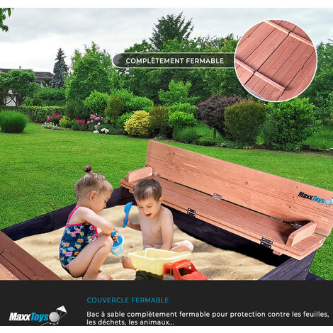 MaxxToys Bac à sable verrouillable avec 2 bancs et toile de sol - Bois imprégné - 100 x 95 cm