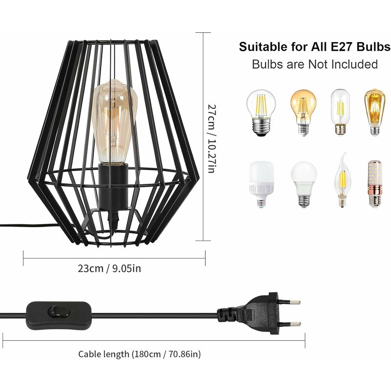 Lampada da tavolo a gabbia in metallo, lampada da comodino decorativo, luce  notturna retrò E27, lampada da comodino retrò nera per camera da letto,  soggiorno, dormitorio, studio, caffè