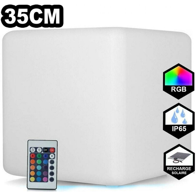 Mobiliario con iluminación LED RGBW Forma Cúbica 35×35 cm. Cubo de luz LED multicolor RGB inalámbrico. Control remoto. Recarga solar. 12 LED integrados Terraza, jardín e instalaciones. Polietileno