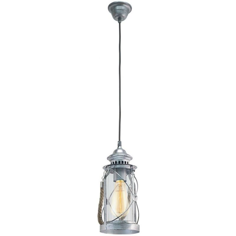 Lámpara colgante Eglo Bradford 60W Forma Cilíndrica Ø 14 cm. Salón, cocina y comedor. Estilo retro y vintage. Acero y Vidrio. Color plata y plata antigua