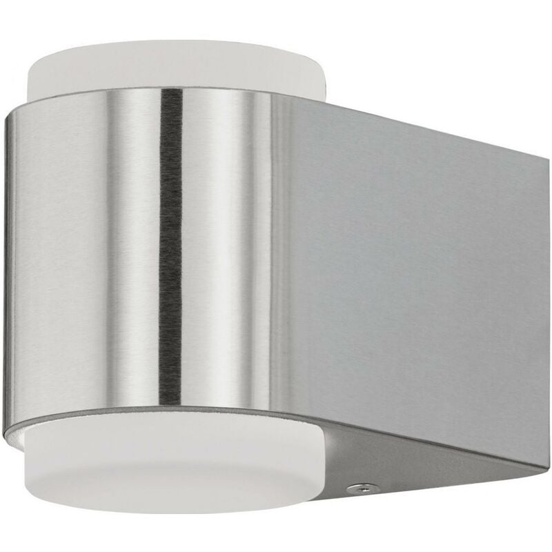 Aplique de pared exterior Eglo Briones 3W 3000K Luz cálida. Forma Cilíndrica 10×9 cm. Terraza, jardín y piscina. Estilo moderno y diseño. Aluminio y plástico. Color acero inoxidable, blanco y plata