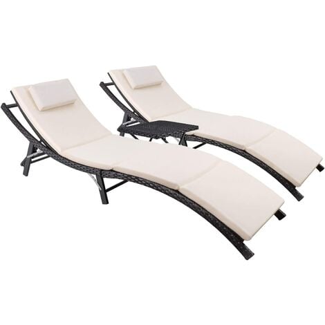 Sun loungers 3 Pieces Patio Chaise Lounge with Removable Beige Cushions Outdoor Lounge Chair Adjustable Patio Garden Poolside Furniture Set 3 PCS Rattan Lounger Recliner Bed Garden Furniture Set(Black)