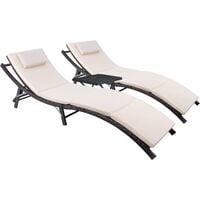 Sun loungers 3 Pieces Patio Chaise Lounge with Removable Beige Cushions Outdoor Lounge Chair Adjustable Patio Garden Poolside Furniture Set 3 PCS Rattan Lounger Recliner Bed Garden Furniture Set(Black)