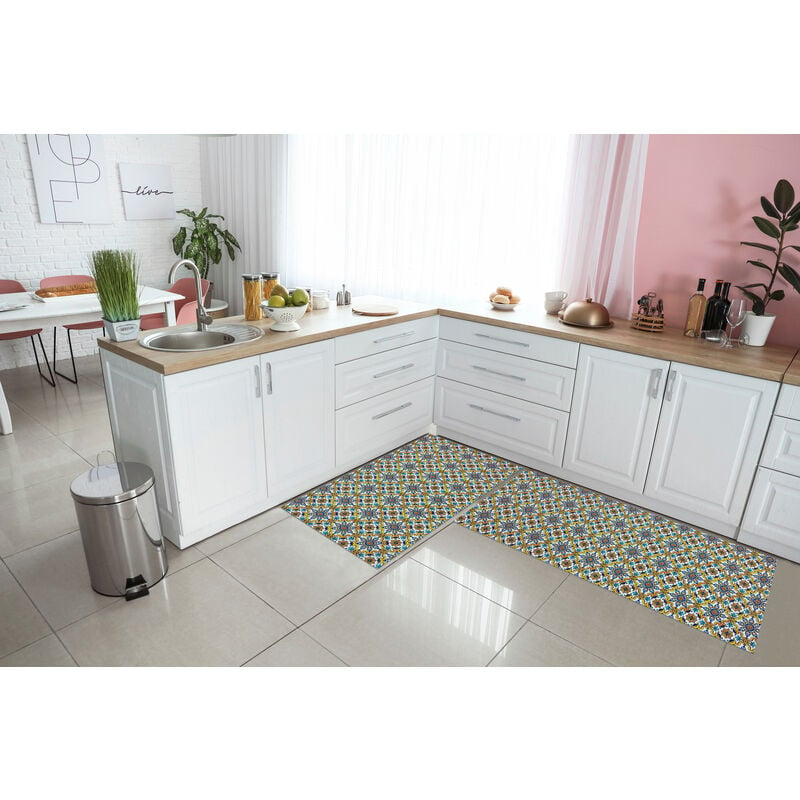 Set di 2 tappeti da cucina antiscivolo e lavabili in lavatrice passatoia  multiuso Azulejos - 50x60+50x120