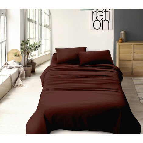 Completo letto misura alla francese a tinta unita prodotto italiano set lenzuola 100% cotone Marrone - Francese