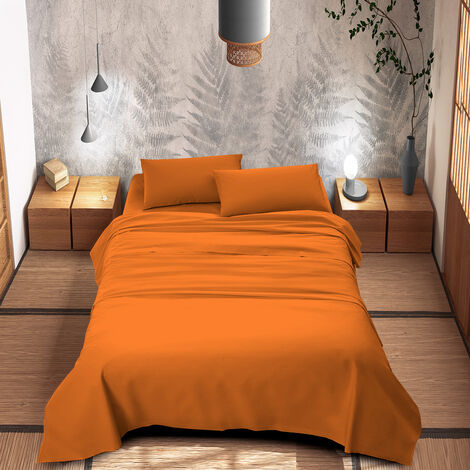 Completo Letto Lenzuola No Stiro Made in Italy In Microfibra, Set Letto traspirante Arancione - Matrimoniale
