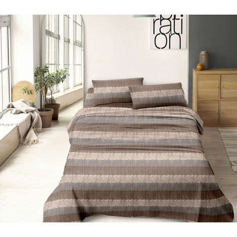 Completo Letto Lenzuola No Stiro Made in Italy In Microfibra, Set Letto traspirante Righe Marroni 29 - Singolo