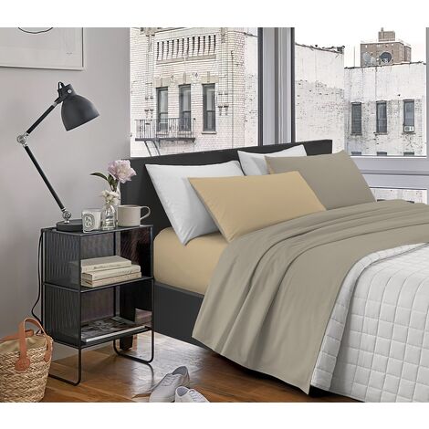 Completo Letto In Morbido Cotone Di Flanella Antipilling Set Lenzuola Bicolore Lenzuolo Sopra Sotto Federe Tortora-Beige - Singolo