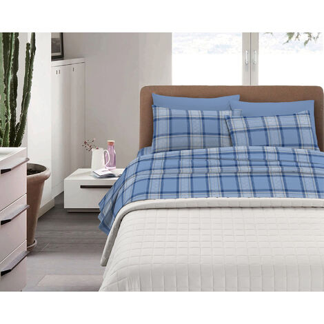 Completo Letto in Cotone Di Flanella Calda e Morbida Anti Pilling - Set Lenzuola Flanellato 3 Misure parure con Federe Tartan Blu - Matrimoniale