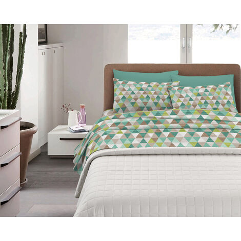 Completo Letto in Cotone Di Flanella Calda e Morbida Anti Pilling - Set Lenzuola Flanellato 3 Misure parure con Federe Triangoli Verdi - Piazza e mezza