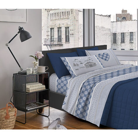 Completo Letto Stampato Made In Italy 100 % Cotone Set Lenzuolo Sopra Sotto Federe Chalet Blu - Una piazza e mezza