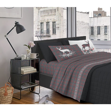 Completo Letto Stampato Made In Italy 100 % Cotone Set Lenzuolo Sopra Sotto Federe Tartan Antracite - Singolo