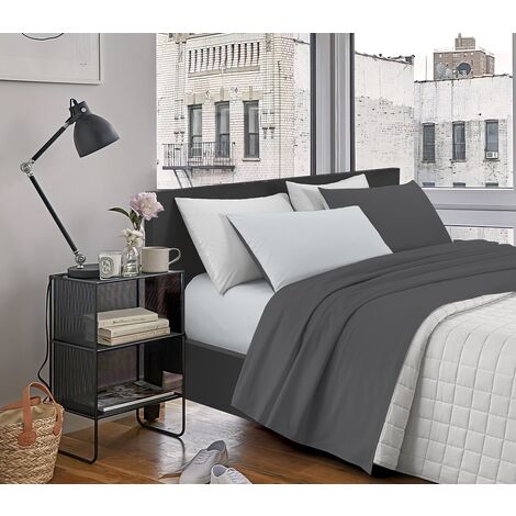 Completo Letto In Morbido Cotone Di Flanella Antipilling Set Lenzuola Bicolore Lenzuolo Sopra Sotto Federe Grigiochiaro-Grigioscuro - Matrimoniale