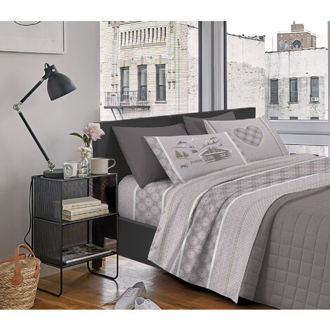 Completo Letto Stampato Made In Italy 100 % Cotone Set Lenzuolo Sopra Sotto Federe Chalet Beige - Una piazza e mezza