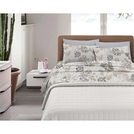 Completo Letto in Cotone Di Flanella Calda e Morbida Anti Pilling - Set Lenzuola Flanellato 3 Misure parure con Federe Roses Gray - Singolo