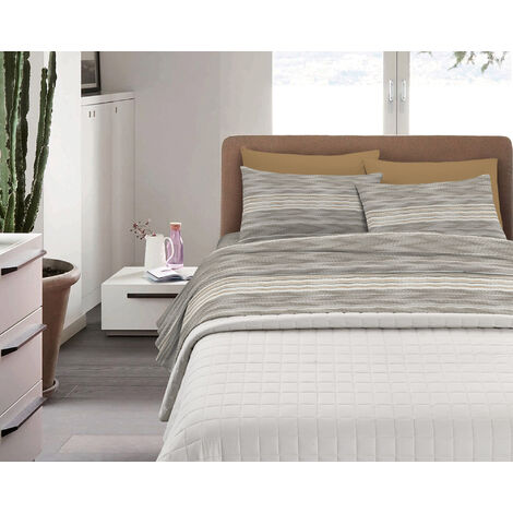 Completo Letto in Cotone Di Flanella Calda e Morbida Anti Pilling - Set Lenzuola Flanellato 3 Misure parure con Federe Wavy Beige - Matrimoniale