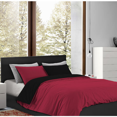Parure Copripiumino in Flanella Felpato Prodotto Italiano Bicolore Sacco e Federe Double Face 100% Cotone Antipilling Bordeaux-Nero - Singolo