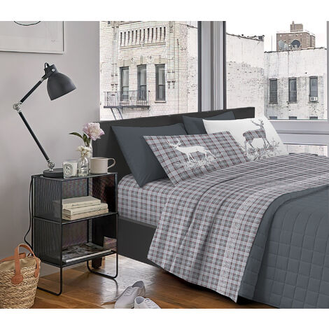 Completo Letto Stampato Made In Italy 100 % Cotone Set Lenzuolo Sopra Sotto Federe Tartan Grigio - Una piazza e mezza