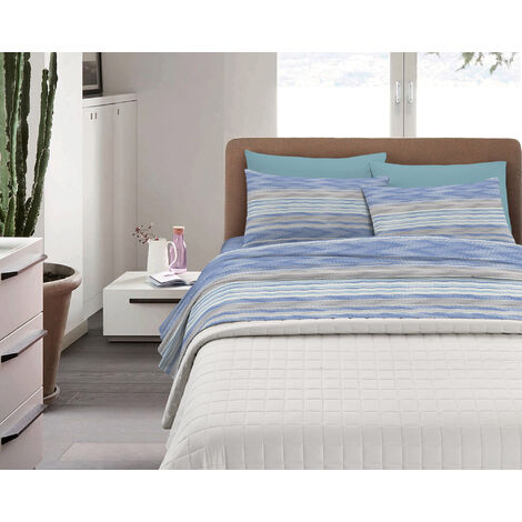 Completo Letto in Cotone Di Flanella Calda e Morbida Anti Pilling - Set Lenzuola Flanellato 3 Misure parure con Federe Wavy Blue - Singolo