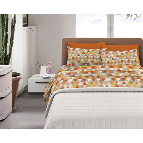 Completo Letto in Cotone Di Flanella Calda e Morbida Anti Pilling - Set Lenzuola Flanellato 3 Misure parure con Federe  Triangoli Arancioni - Singolo