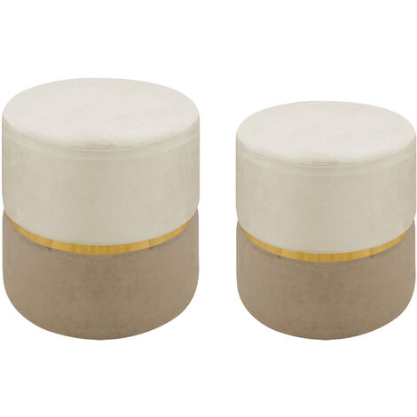 Set 2 Pezzi Coppia Di Pouf Cilindro Poggiapiedi Camera Design Pouff Cameretta Con Fascia Dorata Salotto In Velluto Sgabello  Crema