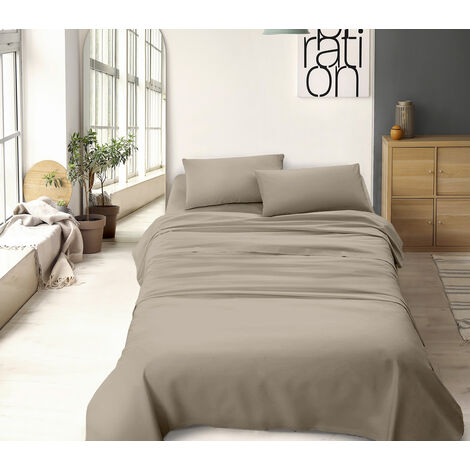 Completo Letto No Stiro Prodotto Italiano Set Lenzuola Tinta Unita Effetto Raso Lenzuolo Sotto Fino 30 Cm Con Angoli Elasticizzati Sopra Federe Tortora - Francese