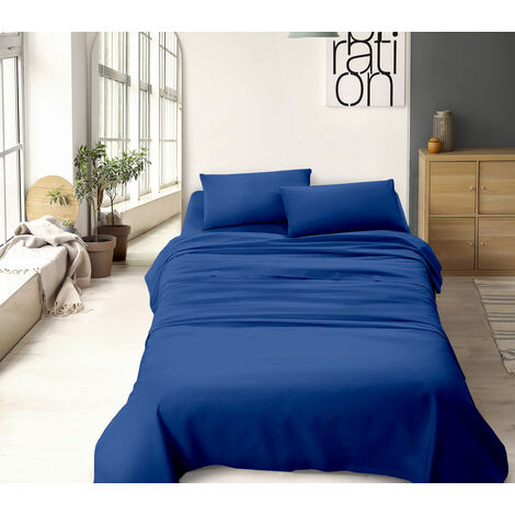 Completo Letto No Stiro Prodotto Italiano Set Lenzuola Tinta Unita Effetto Raso Lenzuolo Sotto Fino 30 Cm Con Angoli Elasticizzati Sopra Federe Blu - Matrimoniale King
