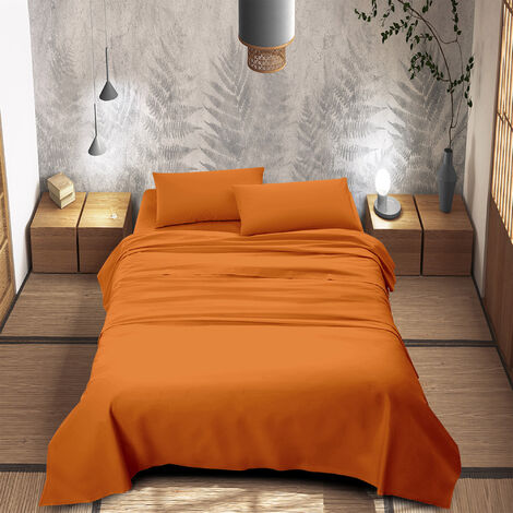 Completo Letto 100% Puro Cotone Set Lenzuola Tinta Unita Lenzuolo Sotto Sopra e Federe Copri Cuscini Biancheria Da Letto  Arancio - Singolo