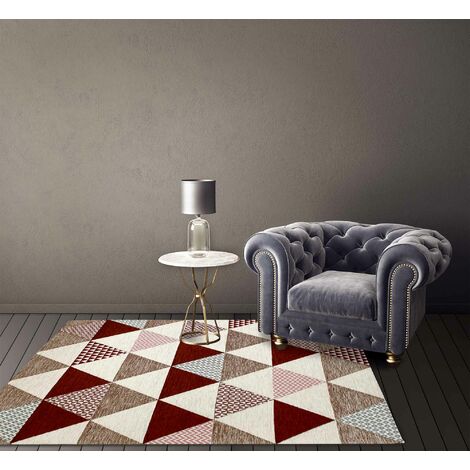 Tappeto Arredo Moderno Morbido in Ciniglia Ingresso Antiscivolo Prodotto Italiano  Soggiorno Camera Salotto Disegni Piazzati Cotone Varie Misure Grande Triangoli Marrone - 65x300Cm