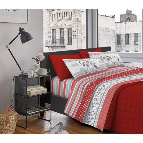 Completo Letto Stampato Made In Italy 100 % Cotone Set Lenzuolo Sopra Sotto Federe BauBauRosso - Matrimoniale