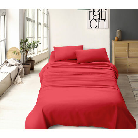 Completo Letto No Stiro Prodotto Italiano Set Lenzuola Tinta Unita Effetto Raso Lenzuolo Sotto Fino 30 Cm Con Angoli Elasticizzati Sopra Federe Rosso - Matrimoniale King