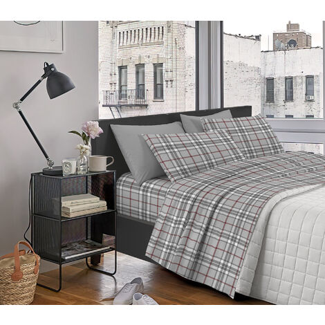 Completo Letto Matrimoniale in Flanella Calda e Morbida Anti Pilling Tartan Grigio503 - 1 Piazza