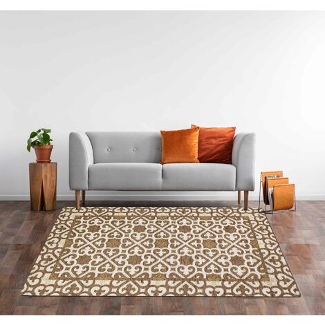 Tappeto Arredo Moderno Morbido in Ciniglia Ingresso Antiscivolo Prodotto Italiano Soggiorno Camera Salotto Disegni Piazzati Cotone Varie Misure Grande Arabic Fango - 115x175 cm