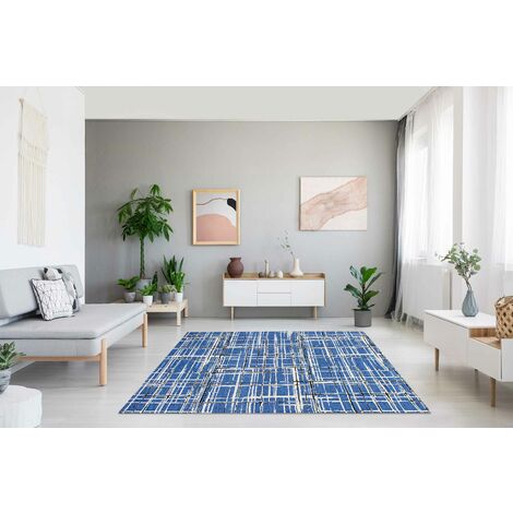 Tappeto Arredo Moderno Morbido in Ciniglia Ingresso Antiscivolo Prodotto Italiano Soggiorno Camera Salotto Disegni Piazzati Cotone Varie Misure Grande Graffiato BluMare - 80x150Cm (1/5)