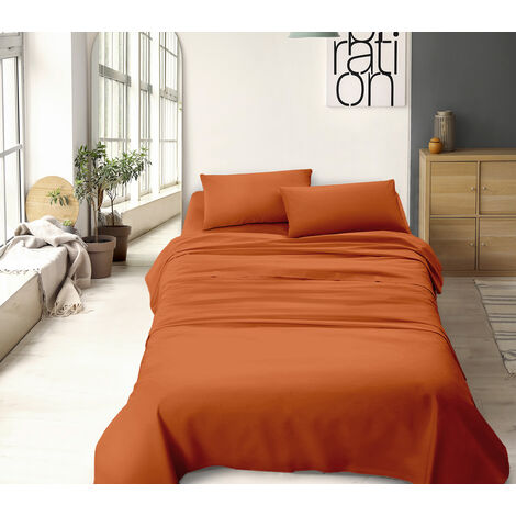 Completo Letto No Stiro Prodotto Italiano Set Lenzuola Tinta Unita Effetto Raso Lenzuolo Sotto Fino 30 Cm Con Angoli Elasticizzati Sopra Federe Rust - Singolo