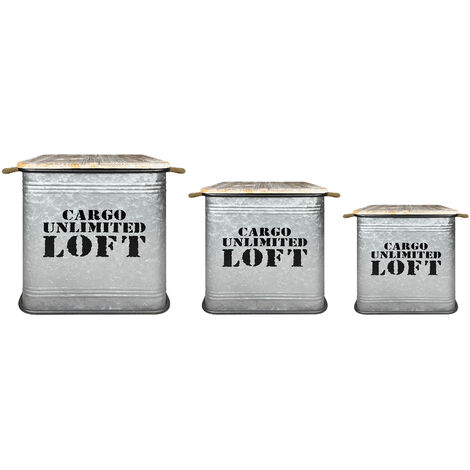 Set 3 Contenitori Grandi In Acciaio Cargo Unlimited Loft Pouf Sgabello Coperchio In Legno Vintage Sgabelli Militari Contenitore Metallo Naturali