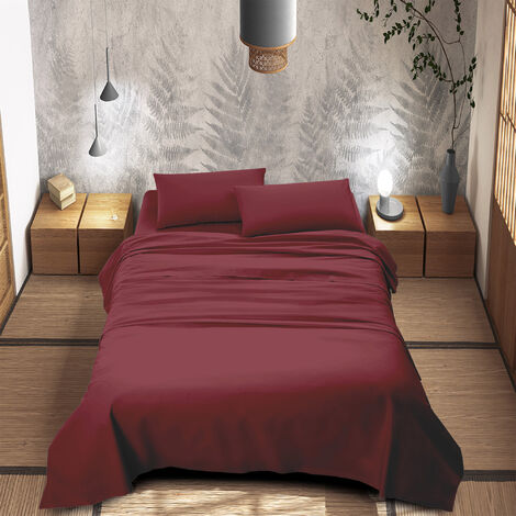 Completo Letto 100% Puro Cotone Set Lenzuola Tinta Unita Lenzuolo Sotto Sopra e Federe Copri Cuscini Biancheria Da Letto Bordeaux - Una piazza e mezza