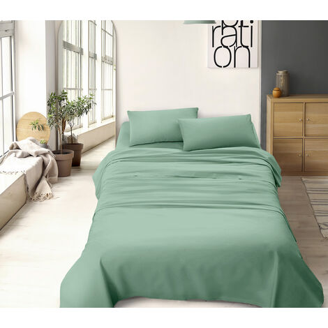 Completo Letto No Stiro Prodotto Italiano Set Lenzuola Tinta Unita Effetto Raso Lenzuolo Sotto Fino 30 Cm Con Angoli Elasticizzati Sopra Federe Verde - Singolo