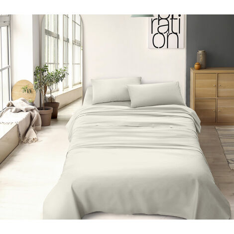Completo Letto No Stiro Prodotto Italiano Set Lenzuola Tinta Unita Effetto Raso Lenzuolo Sotto Fino 30 Cm Con Angoli Elasticizzati Sopra Federe Panna - Francese