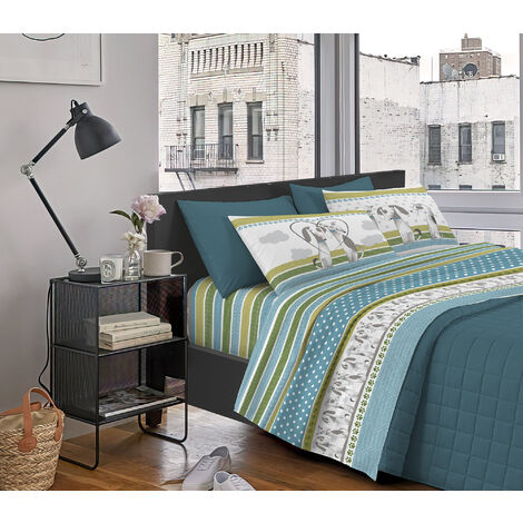 Completo Letto Stampato Made In Italy 100 % Cotone Set Lenzuolo Sopra Sotto Federe BauBauVerde - Matrimoniale