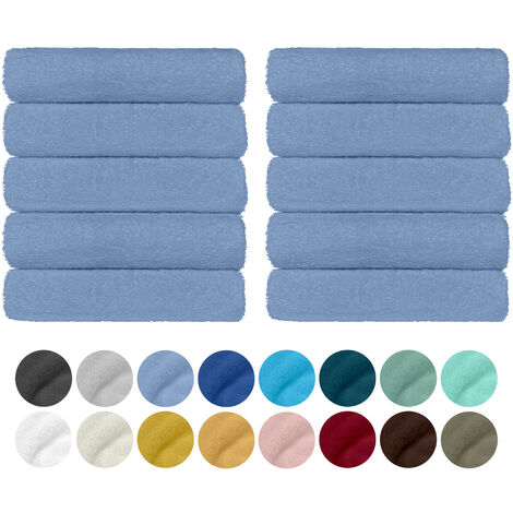 Set 10 Teli Asciugamani In Cotone Professionali 50 x 95 Cm Vari Colori Qualità Hotel 350Gr Salviette Tinta Unita Salvietta Spugna Albergo Azzurro