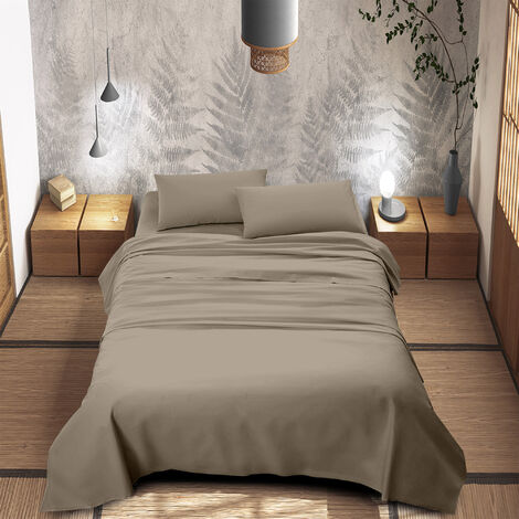 Completo Letto 100% Puro Cotone Set Lenzuola Tinta Unita Lenzuolo Sotto Sopra e Federe Copri Cuscini Biancheria Da Letto Tortora - Singolo