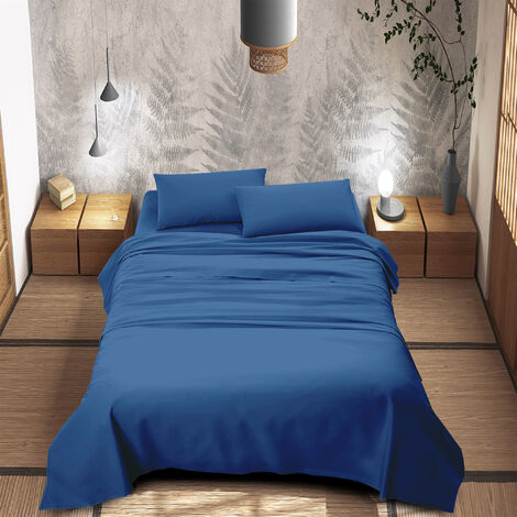 Completo Letto 100% Puro Cotone Set Lenzuola Tinta Unita Lenzuolo Sotto Sopra e Federe Copri Cuscini Biancheria Da Letto  Blu Royal - Matrimoniale