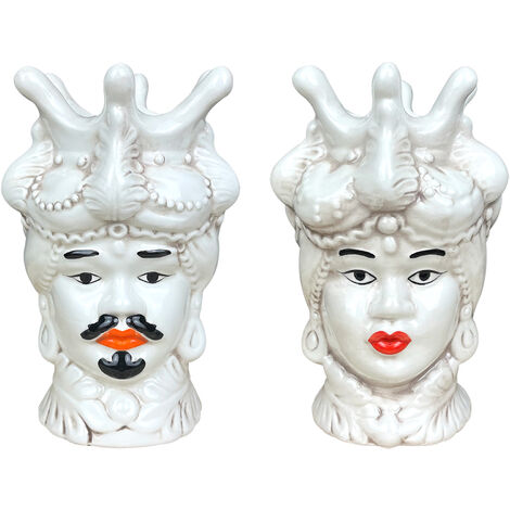 Coppia Vasi Testa Di Moro Stile Siciliano Vaso Dipinto A Mano Vasetto Piante Da Interno Re Regina Soprammobile Design Regalo Bomboniera Souvenir Caltagirone. Bianchi (1/4)