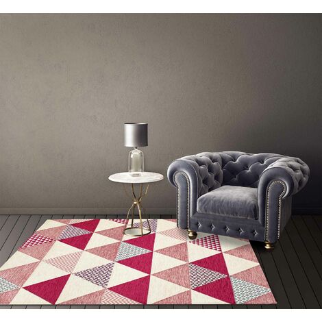 Tappeto Arredo Moderno Morbido in Ciniglia Ingresso Antiscivolo Prodotto Italiano Soggiorno Camera Salotto Disegni Piazzati Cotone Varie Misure Grande Triangoli Fucsia - 175x280Cm (1/5)