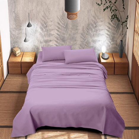 Completo Letto 100% Puro Cotone Set Lenzuola Tinta Unita Lenzuolo Sotto Sopra e Federe Copri Cuscini Biancheria Da Letto  Lilla - Matrimoniale