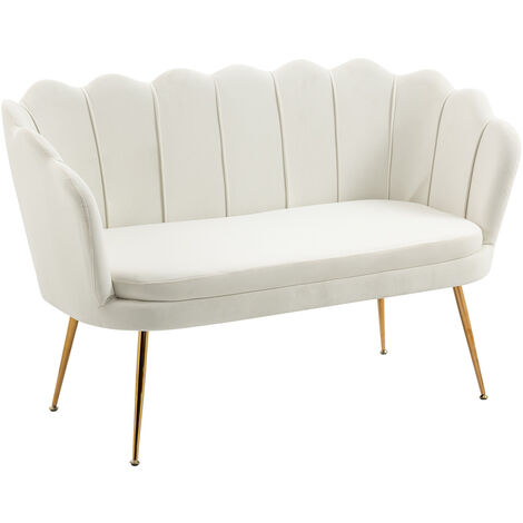 Divano Due 2 Posti In Velluto Forma Conchiglia Gambe In Metallo 133x63x75 Cm Camera Soggiorno Ufficio Panna