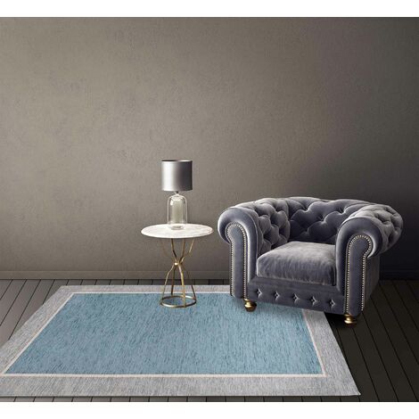 Tappeto Arredo Moderno Morbido in Ciniglia Ingresso Antiscivolo Prodotto Italiano Soggiorno Camera Salotto Disegni Piazzati Cotone Varie Misure Grande Roma Azzurro - 115x175Cm (1/5)