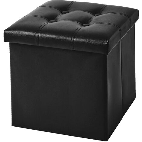 Pouf Contenitore In 2 Misure Medio 38x38 - Grande 50x50 Quadrato Portaoggetti In Ecopelle Poggiapiedi Salotto Sgabello Pouff Camera Design Con Coperchio Nero - 38x38x38