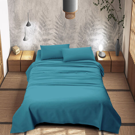 Completo Letto 100% Puro Cotone Set Lenzuola Tinta Unita Lenzuolo Sotto Sopra e Federe Copri Cuscini Biancheria Da Letto  Turchese - Una piazza e mezza